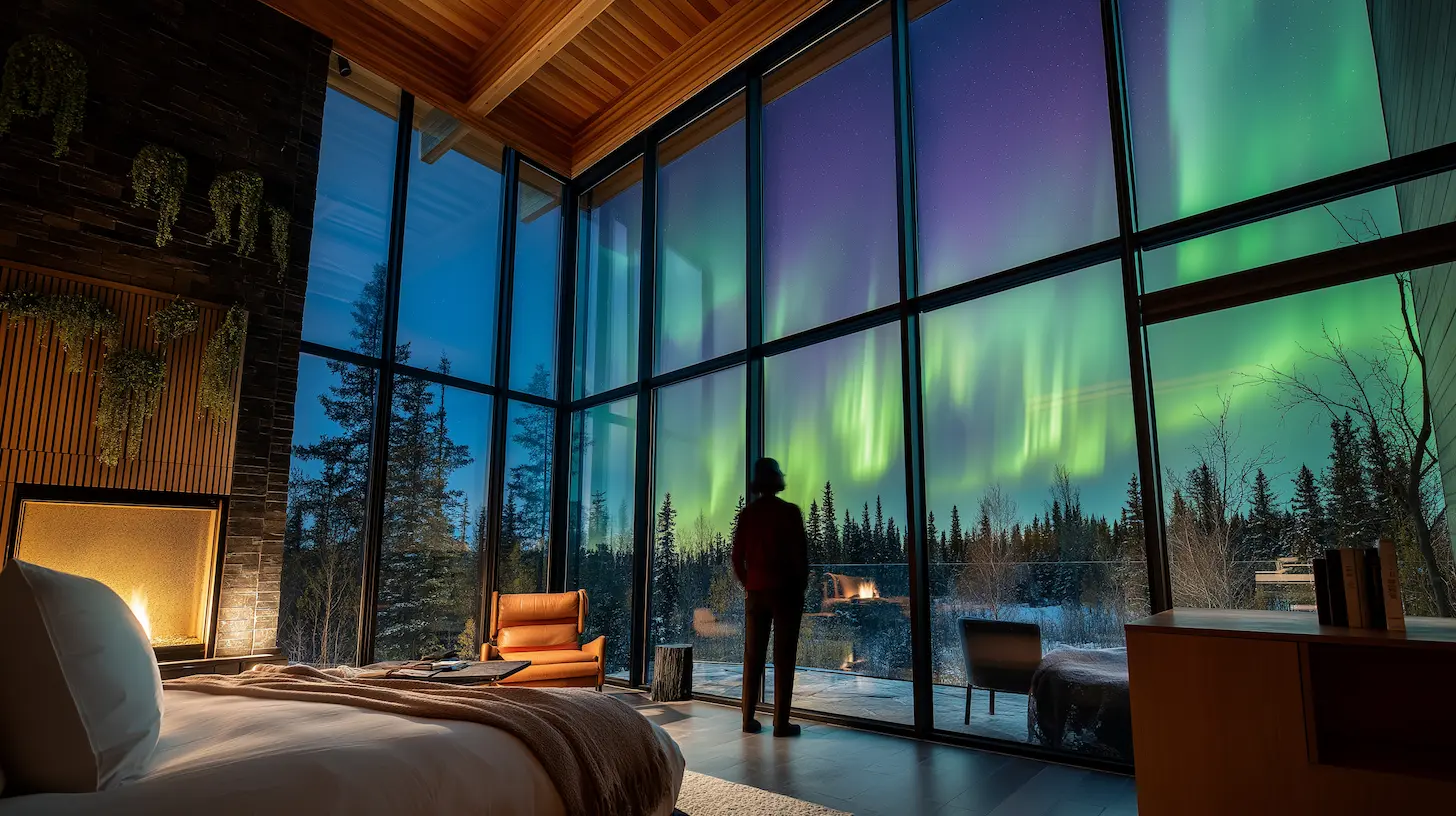 Guest watching aurora from lodge room
