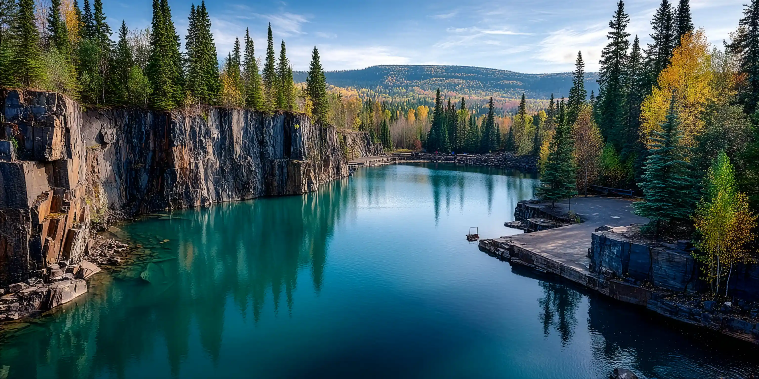Turquoise quarry water with cliff walls